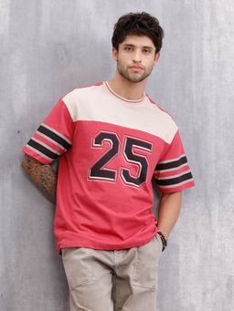 WROGN - Men’S Colorblock Varsity Graphic Oversized Fit Red T-Shirt