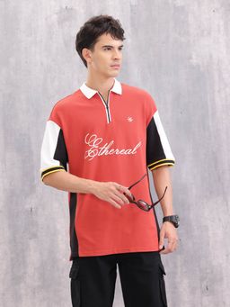 WROGN - Retro Inspired Color Block Front Zipper Rust Polo T-Shirt