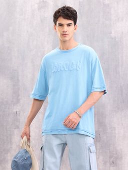 WROGN - Acid Wash Puff Print Raw Edge Detail Blue T-Shirt