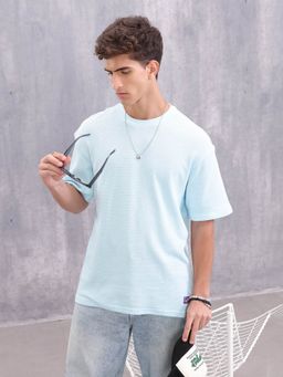 WROGN - Waffle Textured Clean Look Oversized Fit Blue T-Shirt