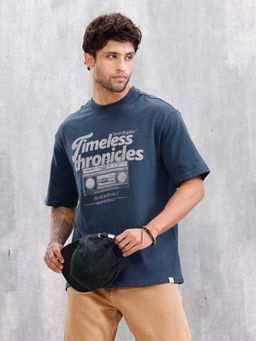 WROGN - Retro Radio Graphic Pritned Oversized Fit Blue T-Shirt