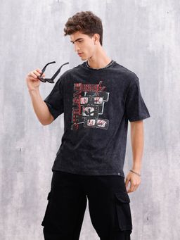 WROGN - Acid Washed Retro Graphic Printed Oversized Fit Black T-Shirt