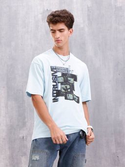 WROGN - Retro Tv Graphic Printed Oversized Fit Blue T-Shirt