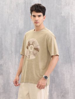 WROGN - Retro Graphic Printed Oversized Fit Washed Beige T-Shirt