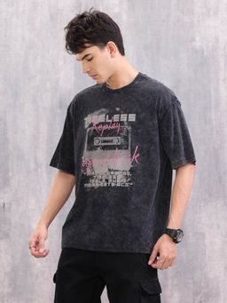 WROGN - Acid Wash Graphic Printed Oversized Fit Black T-Shirt