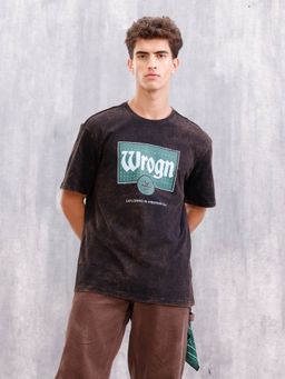 WROGN - Acid Washed Retro Inspired Printed Oversized Fit Black T-Shirt