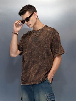 WROGN - Acid Washed Oversized Fit Worgn Printed Black T-Shirt