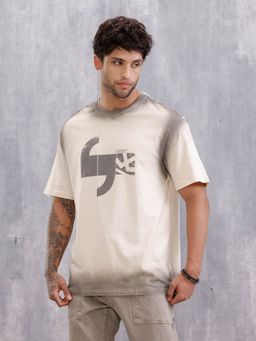 WROGN - Spray Washed Effect Printed Oversized Fit Beige T-Shirt