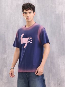 WROGN - Spray Washed Effect Printed Oversized Fit Blue T-Shirt