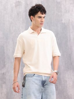 WROGN - Textured Tonal Embroidered Oversized Fit Jhonny Collar Beige Polo T-Shirt