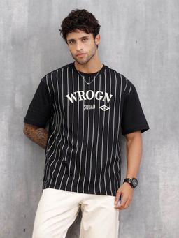 WROGN - Flock Print Striped Oversized Fit Black T-Shirt