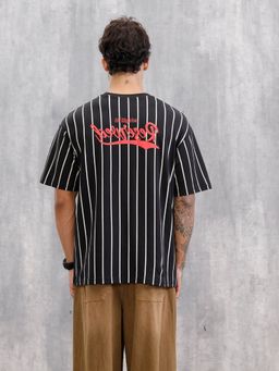 WROGN - Puff Print Striped Black Oversized Fit T-Shirt
