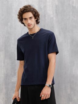 WROGN - Honeycomb Textured Knit Crew Neck Pullover In Oversized Fit Navy Blue T-Shirt