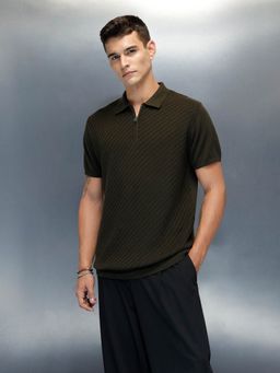 WROGN - Textured Men's Casual Slim Fit Olive Polo T-Shirt