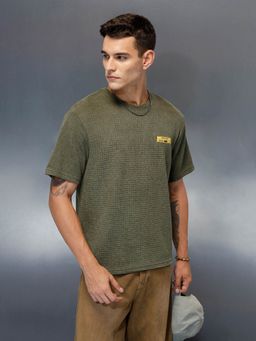 WROGN - Textured Men's Casual Regualr Fit Olive T-Shirt