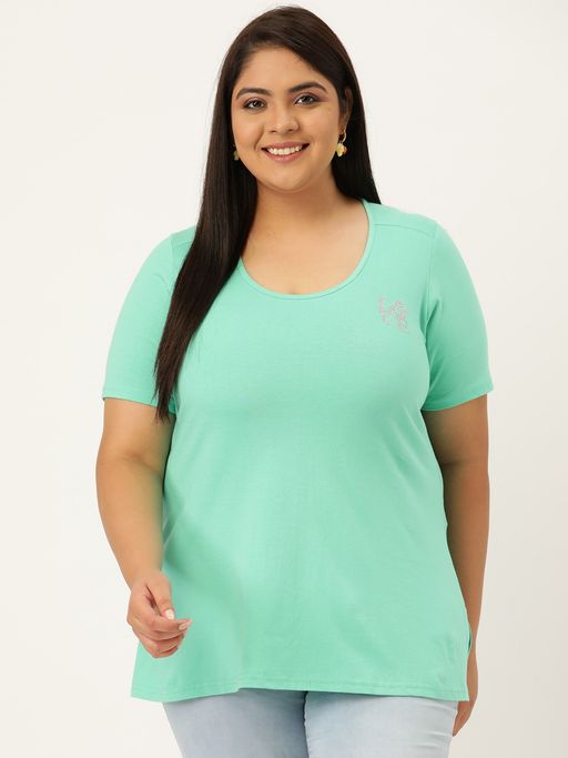 Buy theRebelinme Plus Size Women Sea Green Solid Color Round Neck