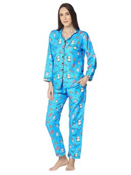 Pyjama Party - Weekend Mode Button Down Pj Set - Cotton Rayon Pj Set With Notched Collar - Blue