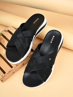 ROCIA - Black Women Strappy Diamond Studded Comfort Flat Sandals