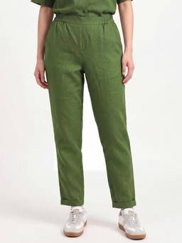 United Colors of Benetton - Green Solid Linen Straight Trouser
