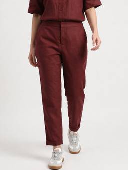 United Colors of Benetton - Maroon Solid Linen Straight Trouser