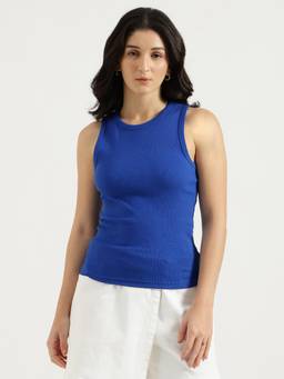 United Colors of Benetton - Blue Solid Cotton Blend Tank Top