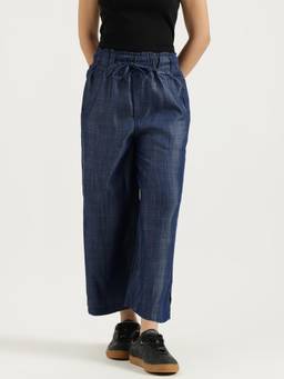 United Colors of Benetton - Blue Solid Tencel Wide Trouser with Belt