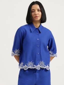 United Colors of Benetton - Blue Embroidered Pure Cotton Shirt