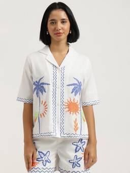 United Colors of Benetton - White Embroidered Pure Cotton Shirt
