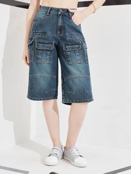 DOLCE CRUDO - Blue Solid Denim Shorts