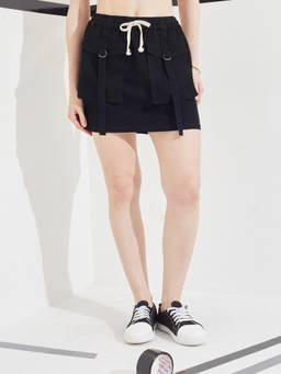 DOLCE CRUDO - Black Solid Denim Flared Skirt