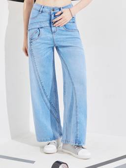 DOLCE CRUDO - Blue Solid Denim Wide Jeans
