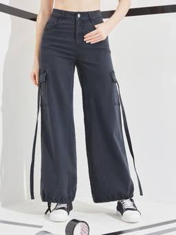 DOLCE CRUDO - Grey Solid Denim Wide Jeans