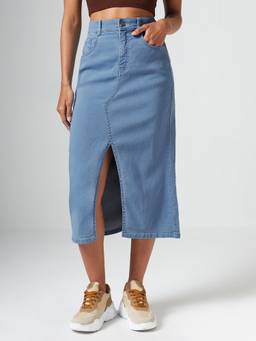 DOLCE CRUDO - Blue Solid Denim Straight Skirt