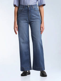 Flying Machine - Blue Solid Cotton Wide Jeans