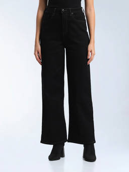 Flying Machine - Black Solid Cotton Wide Jeans