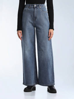 Flying Machine - Blue Solid Cotton Loose Jeans
