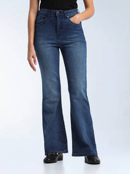 Flying Machine - Blue Solid Cotton Flared Jeans