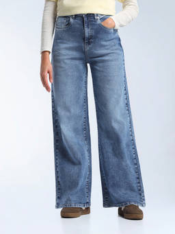 Flying Machine - Blue Solid Cotton Loose Jeans