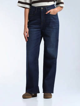 Flying Machine - Blue Solid Cotton Wide Jeans