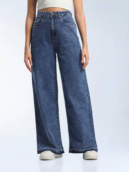 Flying Machine - Blue Solid Cotton Loose Jeans