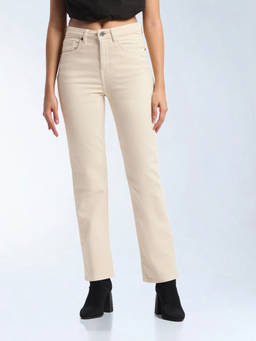 Flying Machine - Beige Solid Cotton Bootcut Jeans