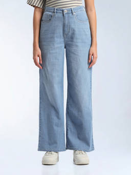 Flying Machine - Blue Solid Cotton Wide Jeans