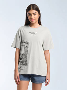 Flying Machine - Grey Printed Cotton Oversized T-Shirt