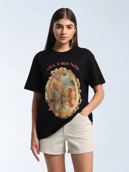 Flying Machine - Black Printed Cotton Oversized T-Shirt