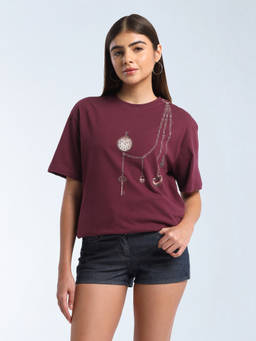 Flying Machine - Wine Printed Cotton Oversized T-Shirt