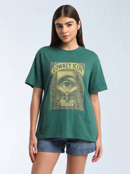 Flying Machine - Green Printed Cotton Oversized T-Shirt