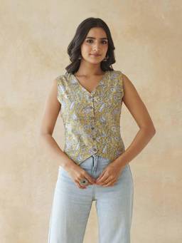 GOODHAND - Mustard Printed Cotton Top