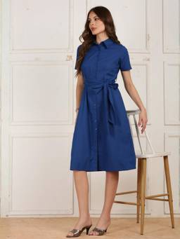 Globus - Blue Solid Poplin A-Line Dress with Belt