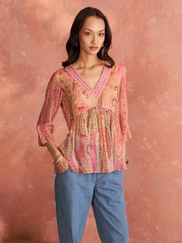 Aarke Ritu Kumar - Pink Paisley Cotton A-Line Top