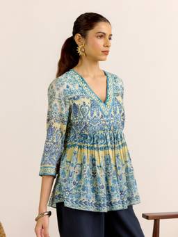 Aarke Ritu Kumar - Blue Printed Cotton A-Line Top